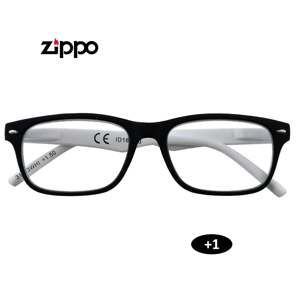 Gafas Zippo de frente rectangular negro y patillas blancas, con distintivo +1 y una inscripción +1.50 visible en la patilla.