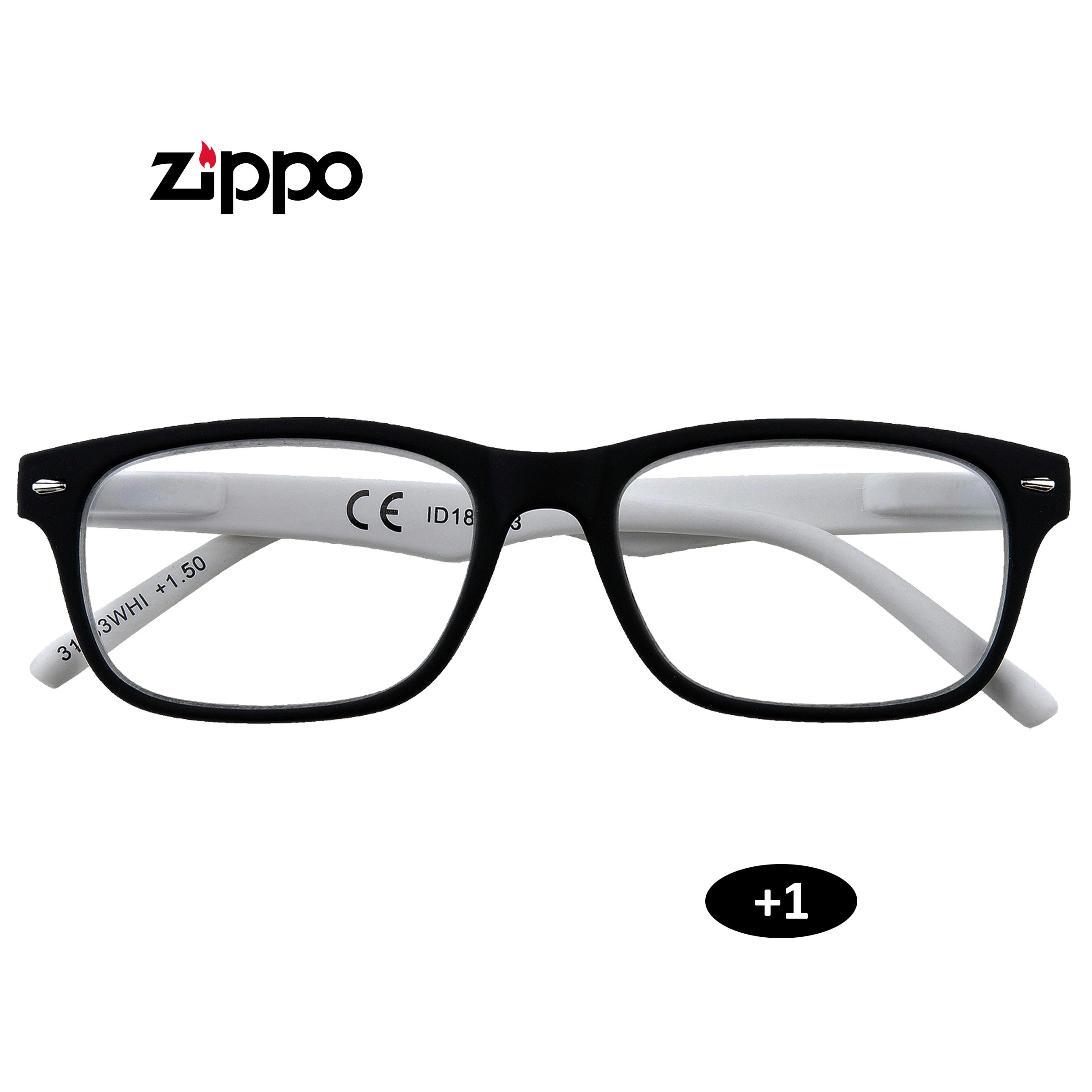 Gafas Zippo de frente rectangular negro y patillas blancas, con distintivo +1 y una inscripción +1.50 visible en la patilla.