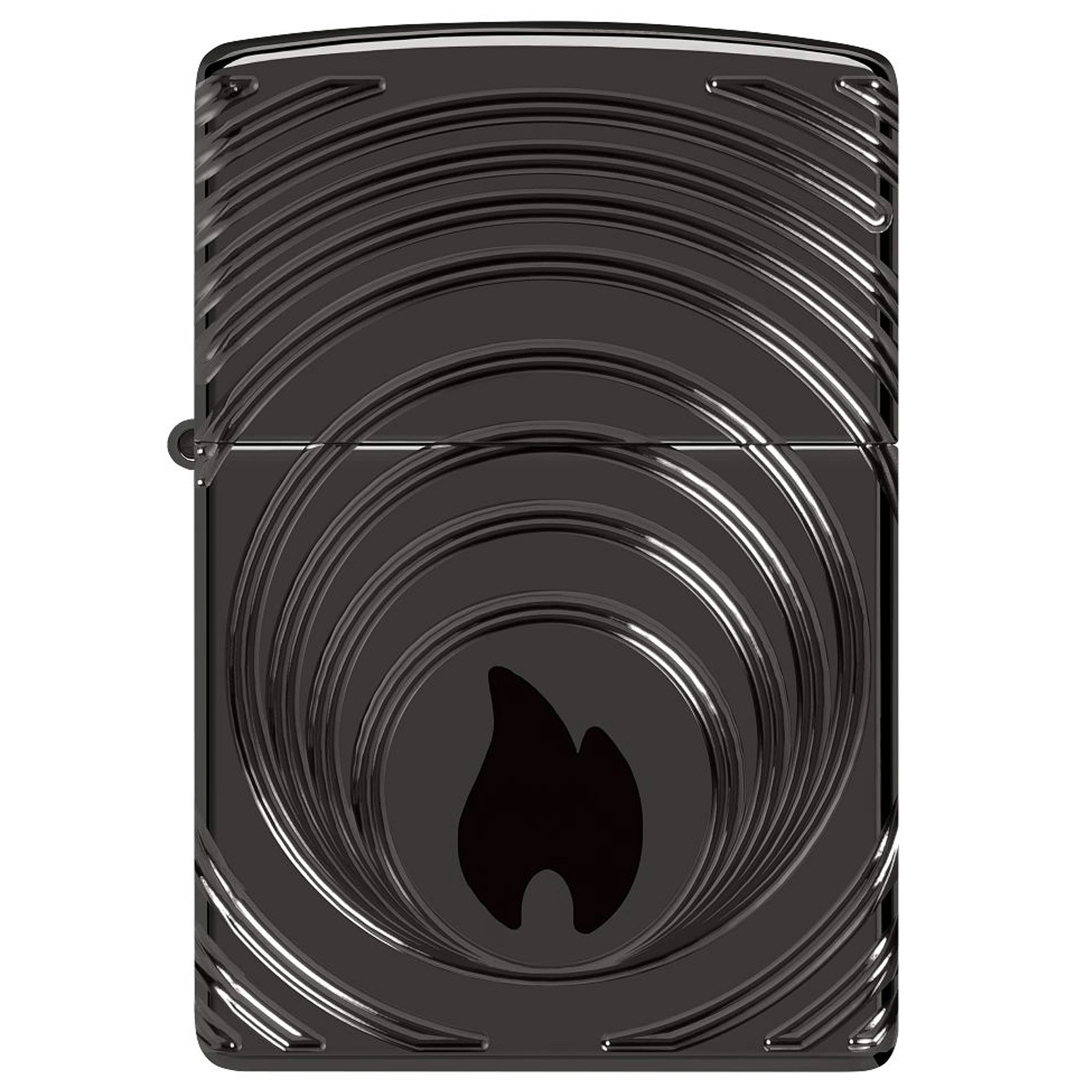 Encendedor Zippo cerrado de tono gris oscuro, con relieves curvos concéntricos y una silueta negra de llama en la parte inferior.