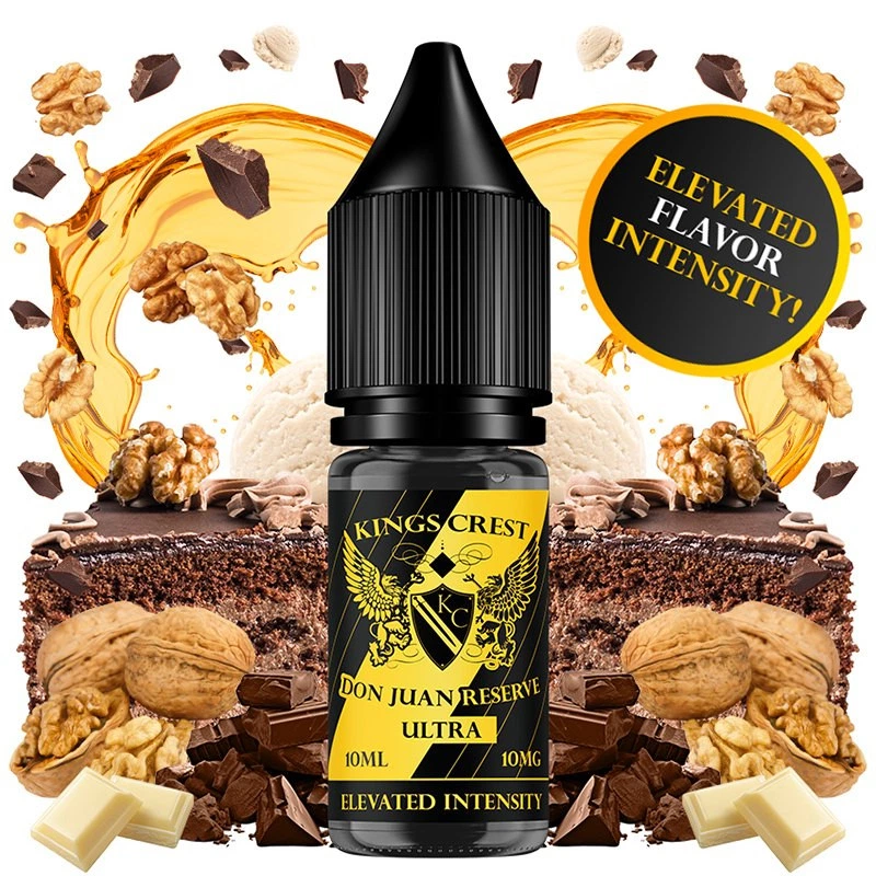 Frasco de Don Juan Reserve Ultra Kings Crest con etiqueta amarilla y negra, rodeado de tarta de chocolate, nueces y helado.