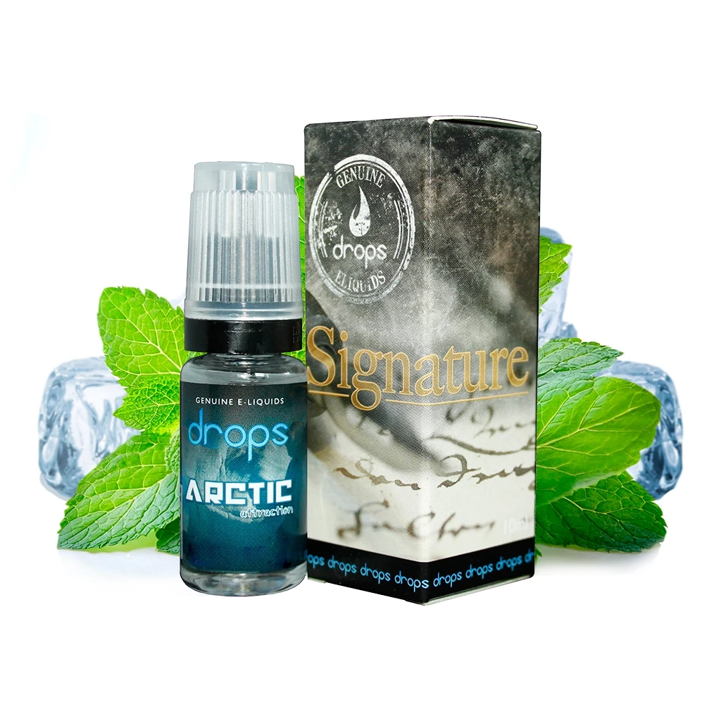 Frasco de Drops Arctic Attraction con tapón translúcido junto a su caja Signature, con hojas de menta y cubitos de hielo al fondo.
