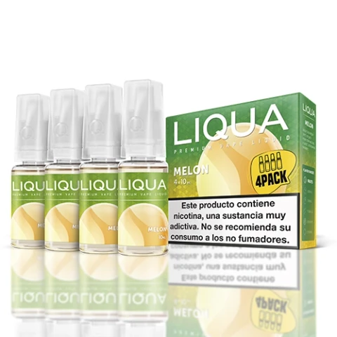 Frascos de Liqua Melon con tapones translúcidos junto a una caja verde con dibujos de melón, indicación 4PACK y advertencia sobre nicotina.