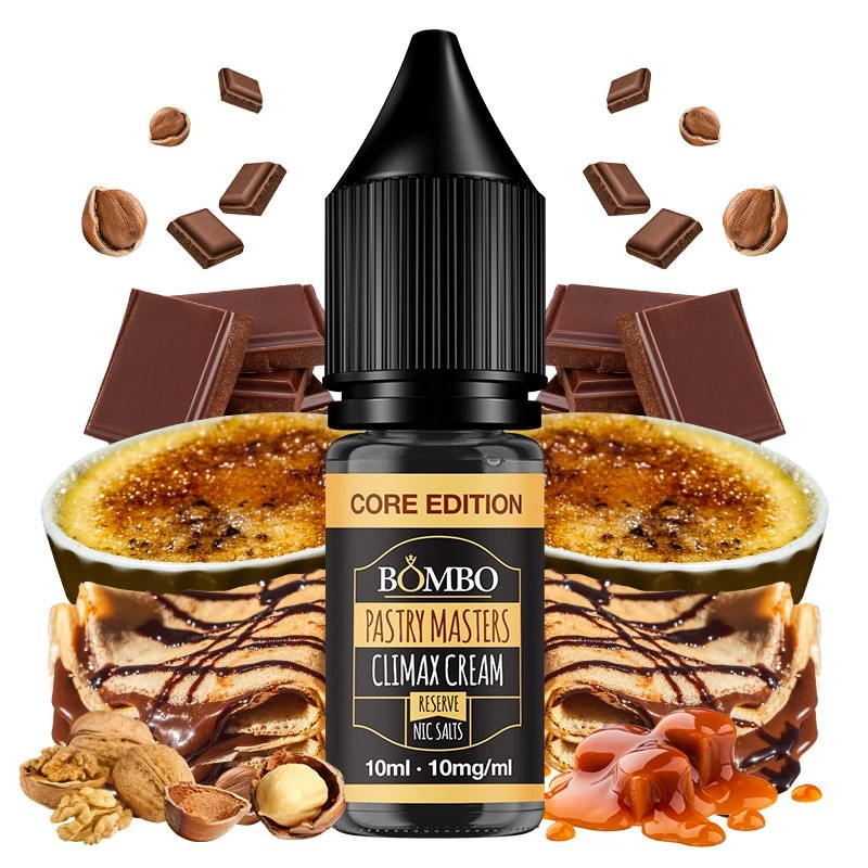 Frasco Climax Cream de Bombo, con etiqueta de 10 ml y 10 mg/ml, rodeado de chocolate, frutos secos, crepes y crema caramelizada.