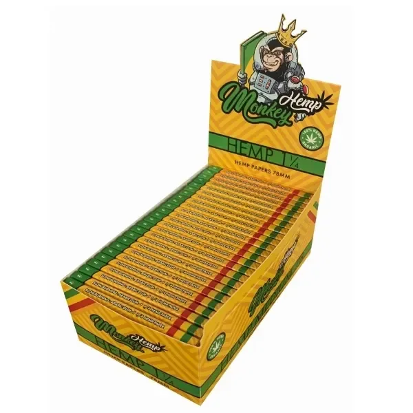 Expositor abierto de papel Monkey King Hemp 1 1/4, con libritos amarillos y verdes y un mono coronado en la cabecera.
