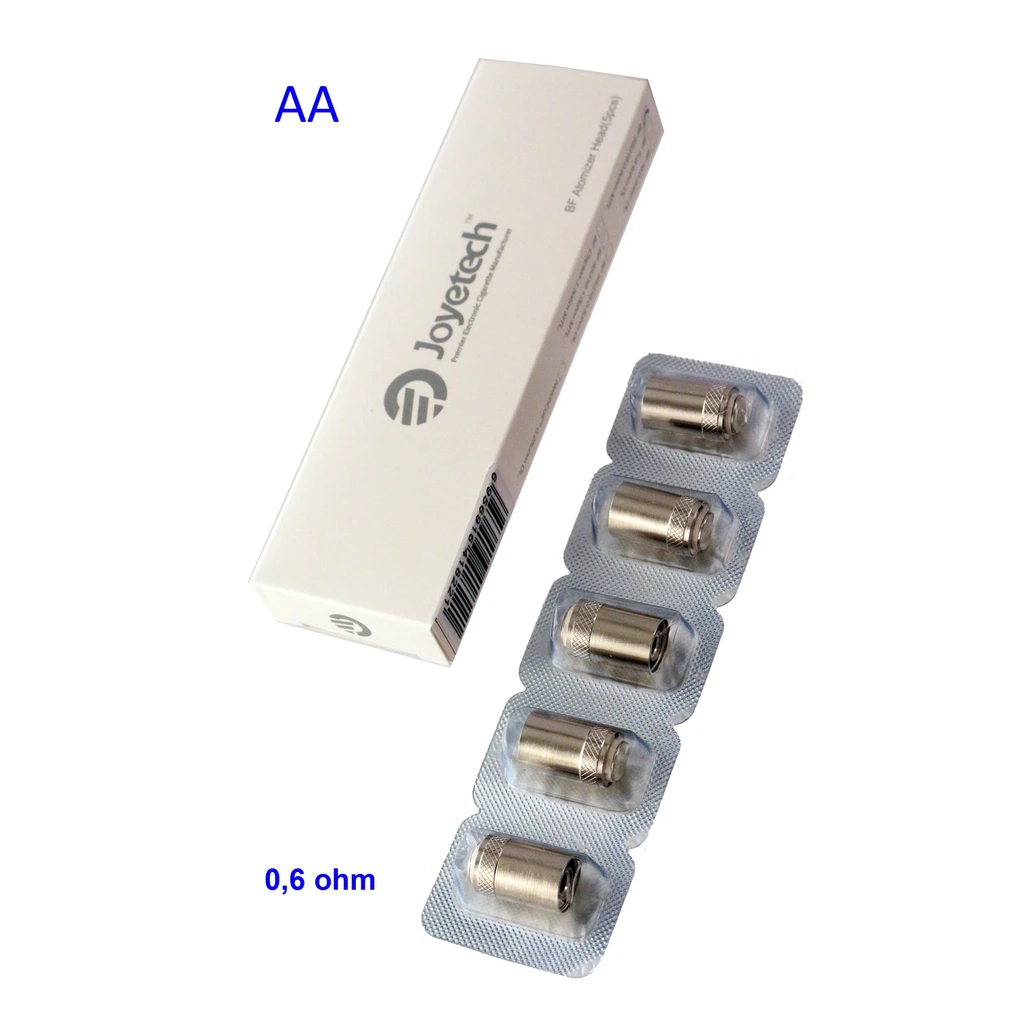 Bobinas cilíndricas Joyetech en un blíster junto a su caja blanca, con la indicación visible de 0,6 ohm.