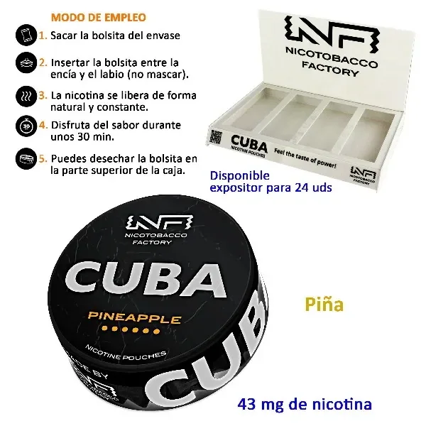 Envase negro CUBA Pineapple de bolsitas de nicotina, con indicación de 43 mg, instrucciones de uso y expositor ilustrado.