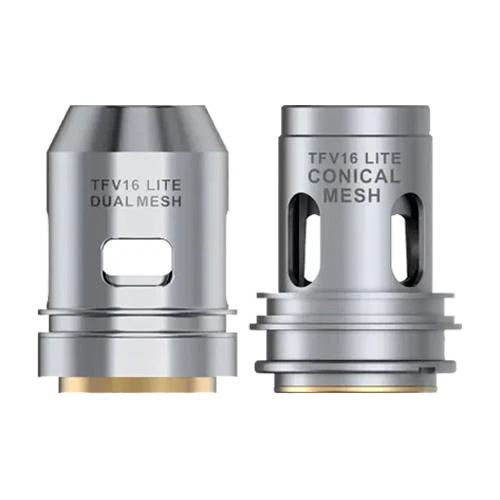 Comparación de resistencias Smok TFV16 Lite plateadas: Dual Mesh con abertura rectangular y Conical Mesh con ranuras alargadas.