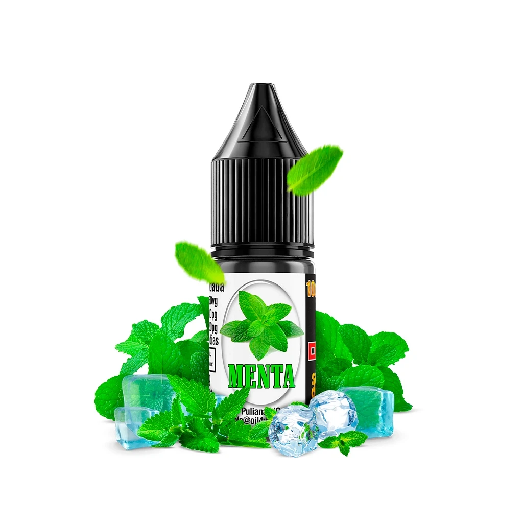 Frasco de aroma Menta Oil4Vap con tapón negro alargado y etiqueta de hojas verdes, rodeado de menta y cubitos de hielo sobre fondo blanco.