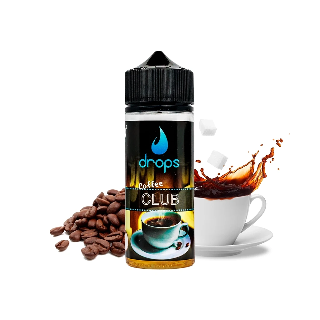 Frasco Drops Coffee Club con tapón negro, junto a granos de café, terrones de azúcar y una taza blanca con una salpicadura de café.