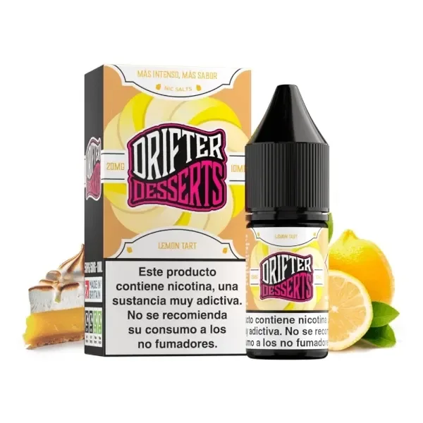 Frasco y caja Drifter Desserts Lemon Tart, con detalles amarillos y rosas, junto a un limón y una porción de tarta.