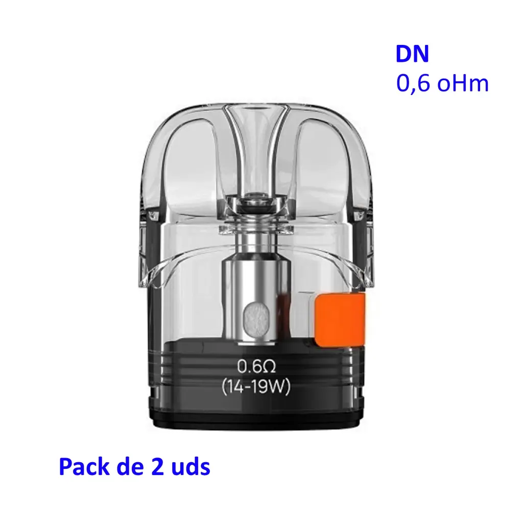 Pod Aspire Pixo transparente con base negra, pestaña naranja e inscripción de 0,6 Ω y 14–19 W; el rótulo indica pack de 2 unidades.