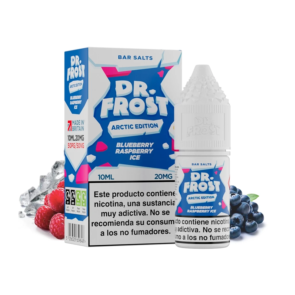 Frasco y caja de Dr Frost Salts Blueberry Raspberry Ice, con etiqueta azul y rosa, rodeados de arándanos, frambuesas y hielo.