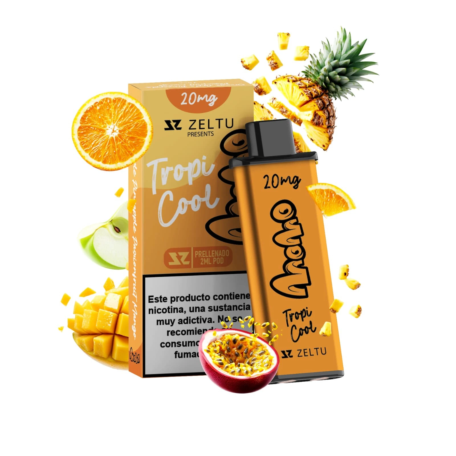 Pod Momo Tropi Cool de Zeltu naranja junto a su caja, con la indicación 20 mg y rodeado de naranja, piña, manzana, mango y maracuyá.