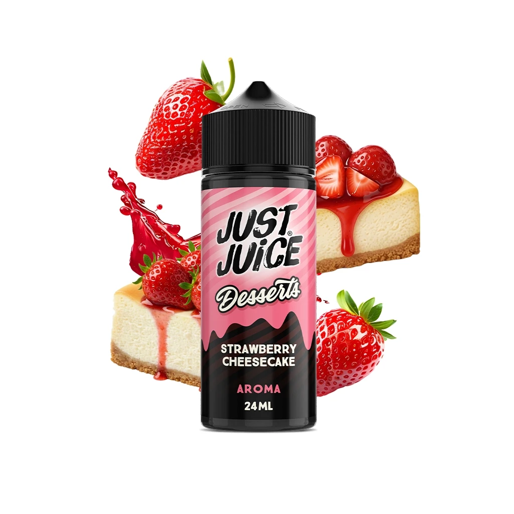 Frasco Just Juice Desserts Strawberry Cheesecake con etiqueta rosa y negra de 24 ml, rodeado de fresas y porciones de tarta de queso.