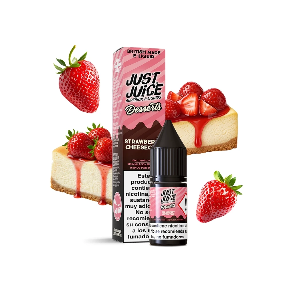 Frasco y caja rosa de Just Juice Desserts Strawberry Cheesecake, rodeados de fresas y porciones de tarta de queso.