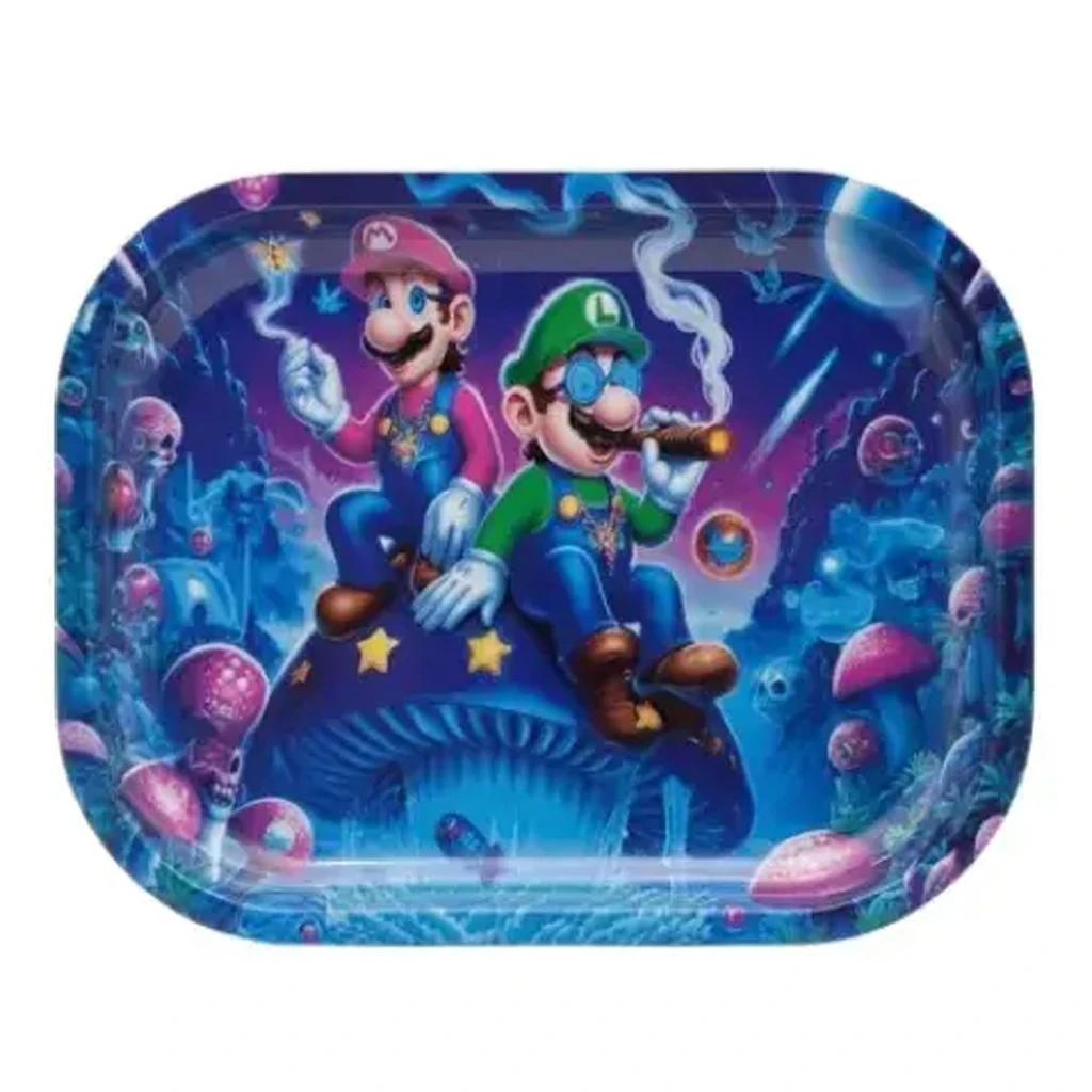 Bandeja de bordes elevados con Mario y Luigi fumando sobre una seta, en un paisaje de hongos en tonos azules y violetas.