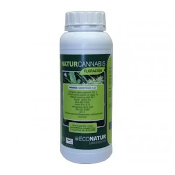 Bote blanco de Floración Naturcannabis de Econatur, con tapón de rosca y etiqueta verde con fotografías de plantas.