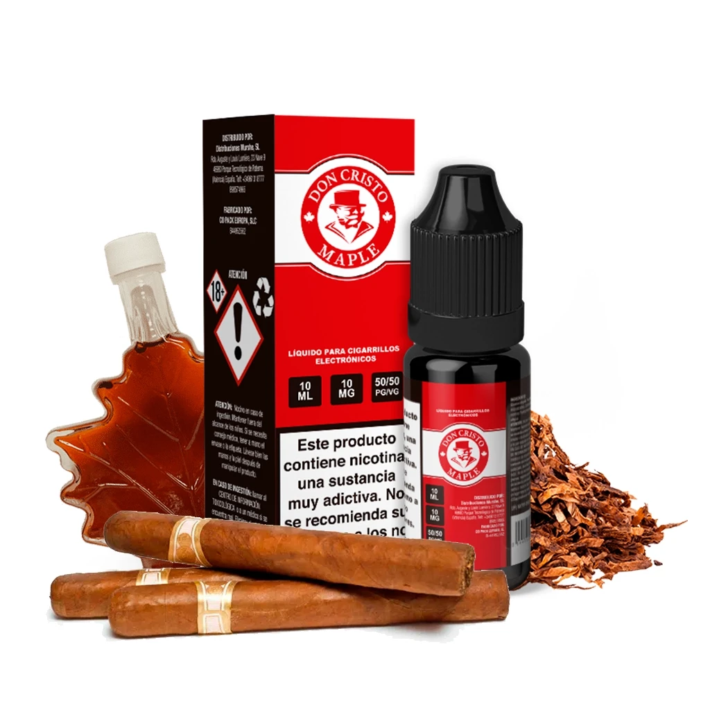 Frasco negro y caja roja de Don Cristo Maple, junto a puros, tabaco suelto y una botella con forma de hoja de arce.