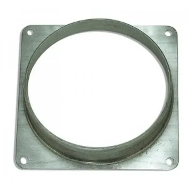 Adaptador Sunon con abertura circular y cuello saliente sobre una base cuadrada, con orificios en las esquinas y fondo blanco.