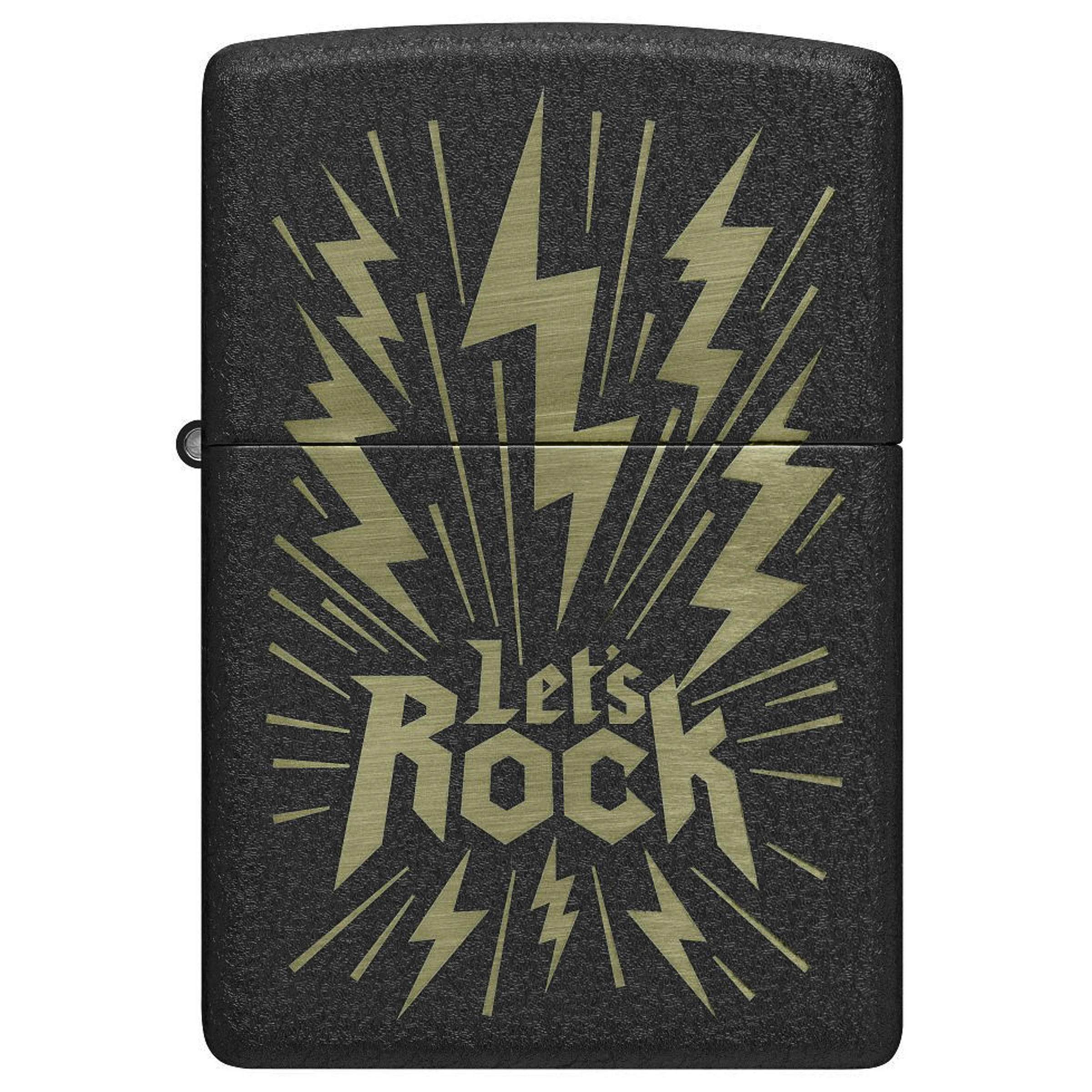 Encendedor Zippo negro cerrado, visto de frente, con rayos dorados y la inscripción «Let's Rock».