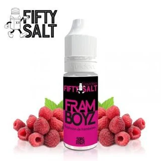 Bote FRAMBOYZ Fifty Salt de Liquideo con tapón blanco y etiqueta rosa y negra, rodeado de frambuesas sobre fondo blanco.