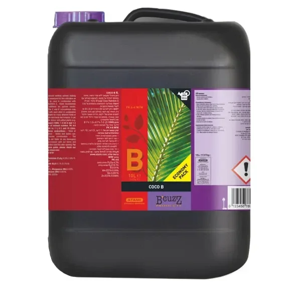 Garrafa negra de Coco B Atami B'cuzz con asa, tapón morado y etiqueta roja y violeta con una hoja verde y la indicación de 10 L.