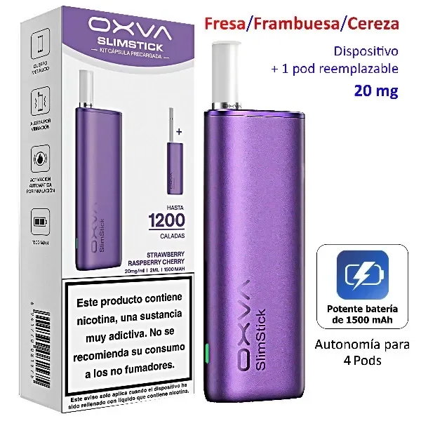 OXVA SlimStick morado con boquilla blanca junto a su caja; el gráfico indica fresa, frambuesa y cereza, 20 mg y batería de 1500 mAh.