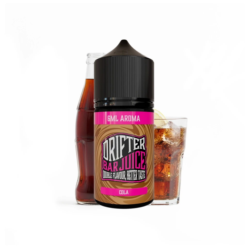 Bote Drifter Bar Juice Cola con tapón negro y etiqueta rosa y marrón, delante de una botella y un vaso de cola con hielo.