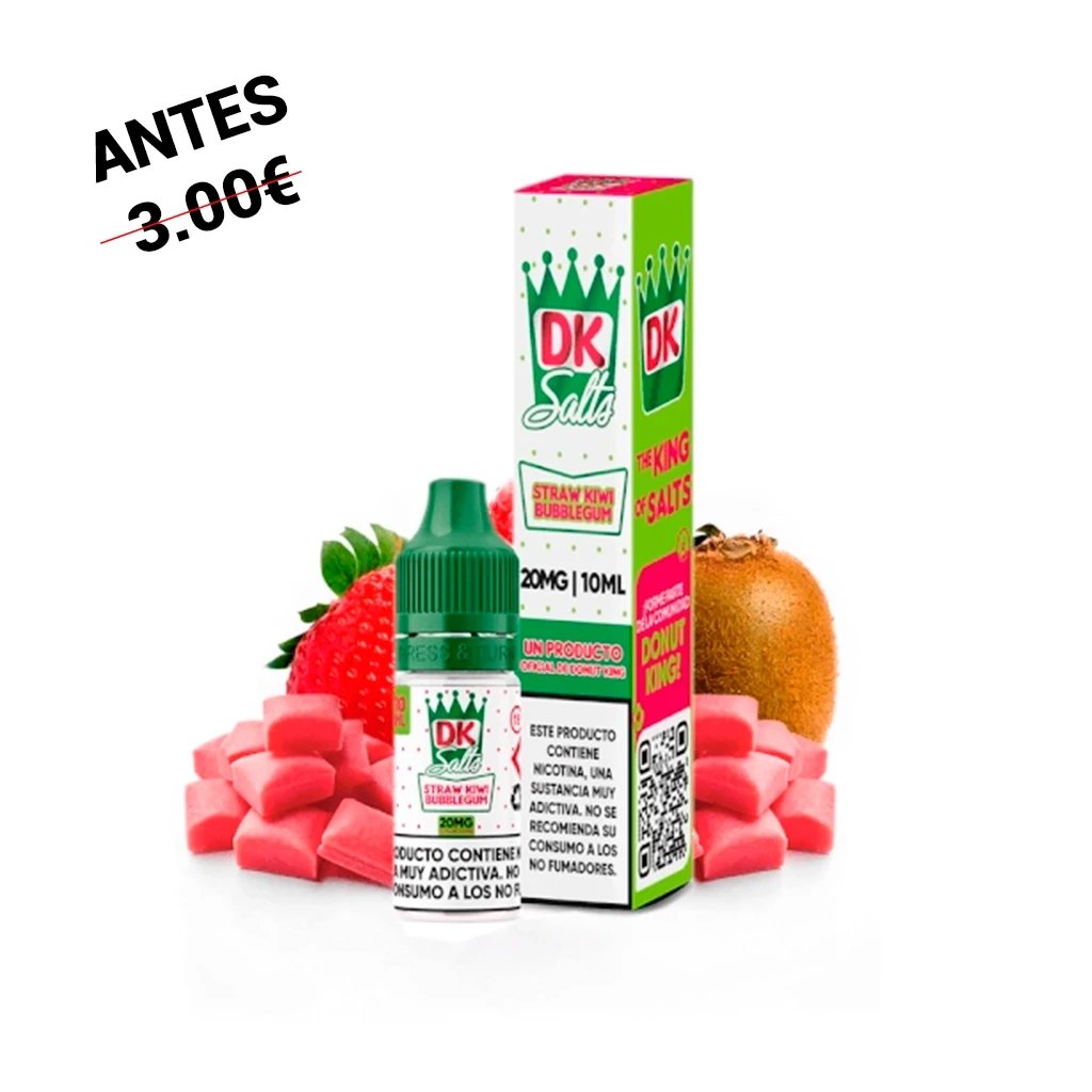 Frasco y caja de Donut King Salts Strawberry Kiwi Bubblegum, con tapón verde, fresa, kiwi y trozos de chicle rosa alrededor.
