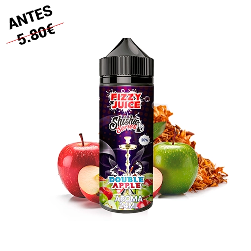 Bote Fizzy Juice Shisha Double Apple Longfill con tapón negro y etiqueta de 24 ml, rodeado de manzanas rojas y verdes y hojas marrones.