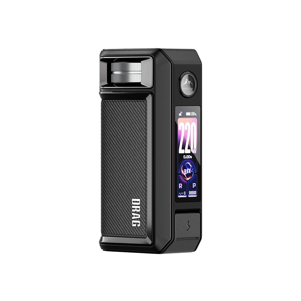Mod Voopoo Drag 6 negro en vista oblicua, con panel texturizado, rueda superior plateada y pantalla a color que muestra 220 W.