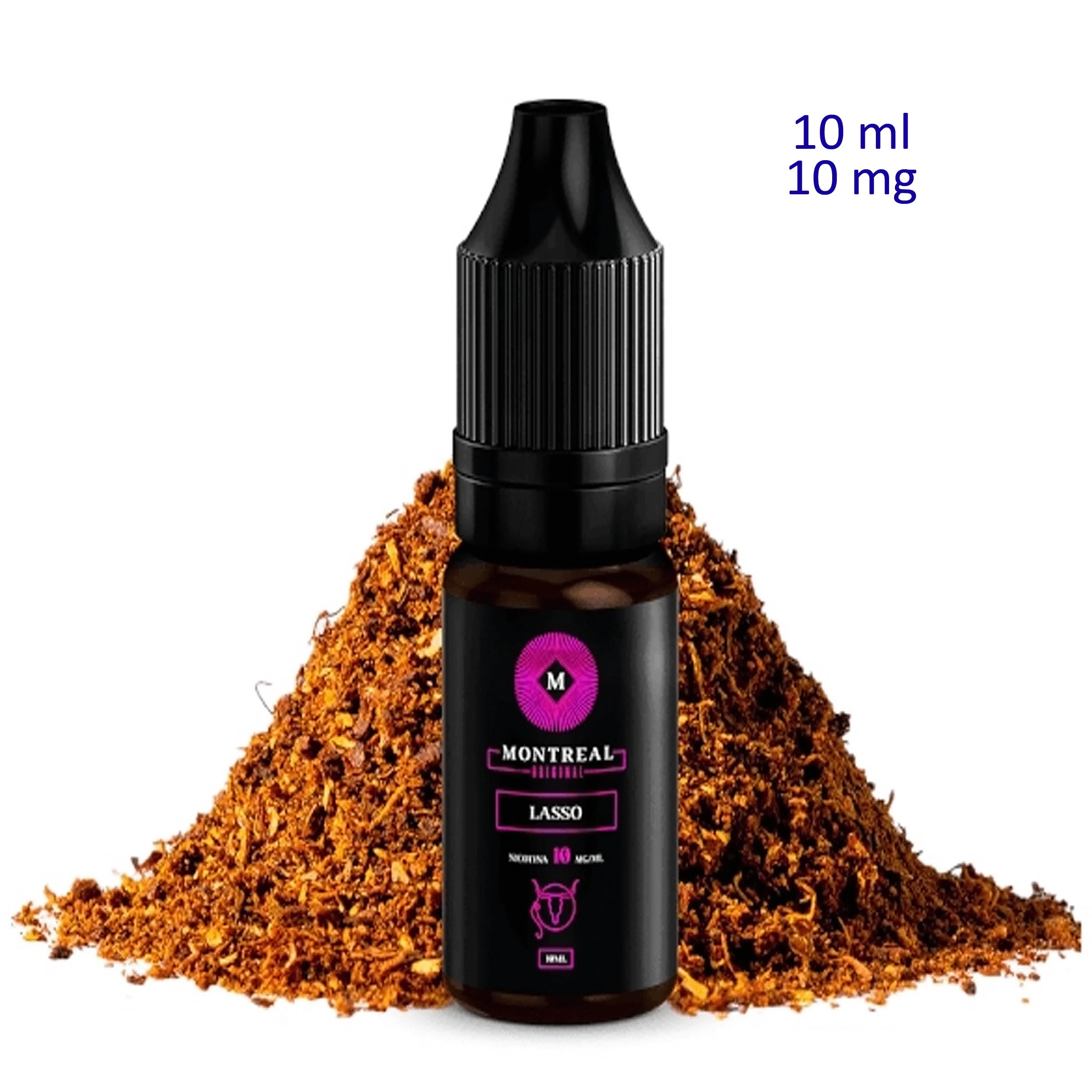 Frasco Montreal Original Lasso con tapón negro y etiqueta negra y fucsia, delante de un montículo de tabaco sobre fondo blanco.