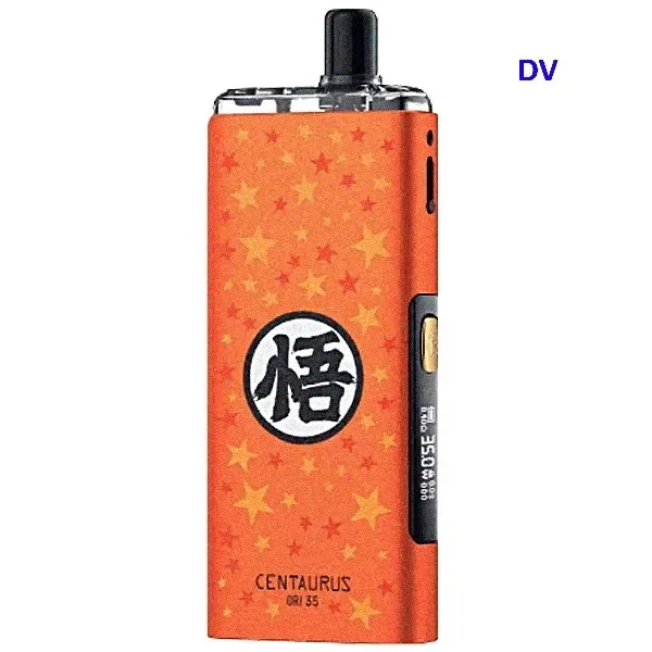Vapeador Dragon Storm Lost Vape Centaurus Ori 35 naranja con estrellas, emblema circular, boquilla negra y pantalla lateral.