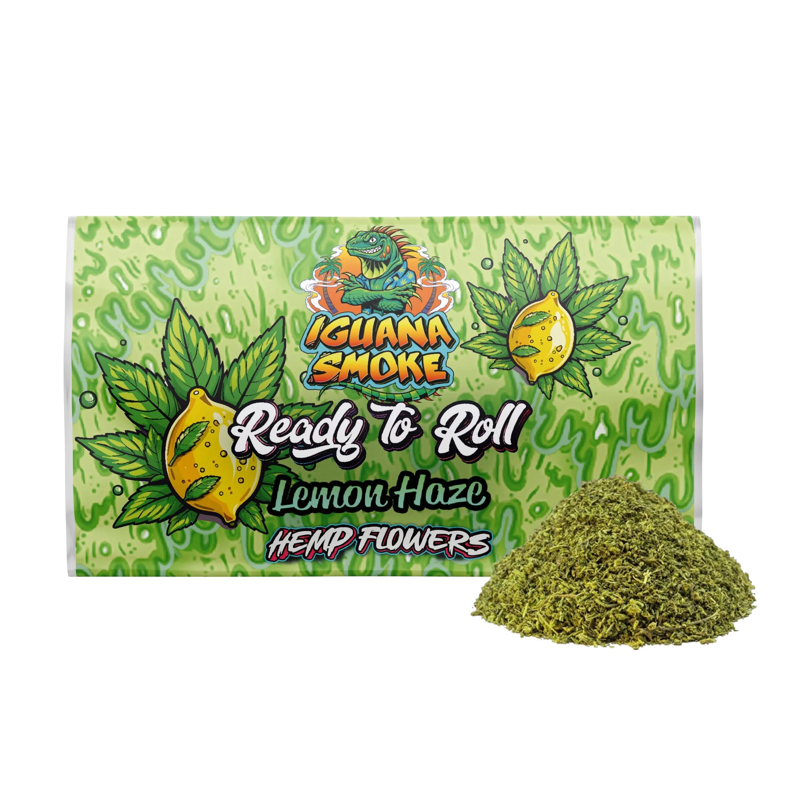 Envase verde Ready To Roll Lemon Haze de Iguana Smoke, con dibujos de limones y hojas, junto a un montículo de material vegetal triturado.