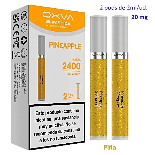 Pods OXVA SlimStick Pineapple amarillos con tapas grises junto a su caja, con indicaciones de 2 ml, 20 mg y advertencia sobre nicotina.