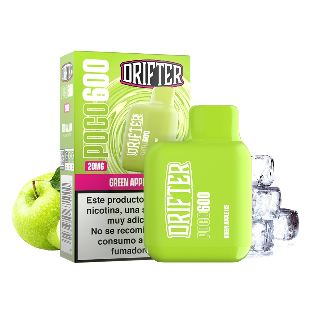 Vapeador verde Drifter Poco 600 Green Apple Ice junto a su caja con advertencia sobre nicotina, una manzana verde y cubitos de hielo.