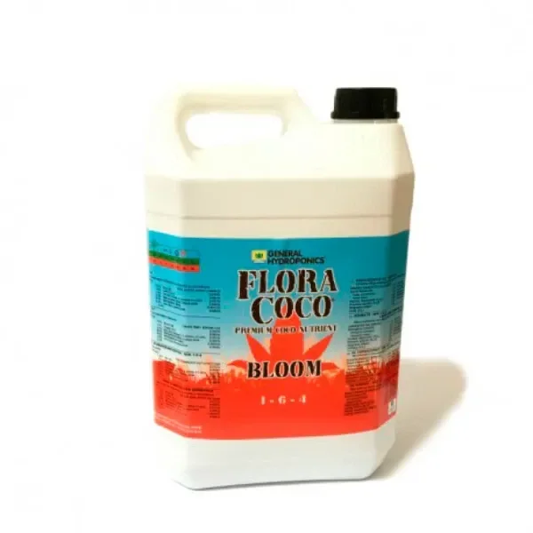Garrafa de Flora Coco Bloom de General Hydroponics con asa, tapón negro y etiqueta turquesa y roja con la fórmula 1-6-4. Garrafa de Flora Coco Bloom de General Hydroponics con asa, tapón negro y etiqueta turquesa y roja con la fórmula 1-6-4.