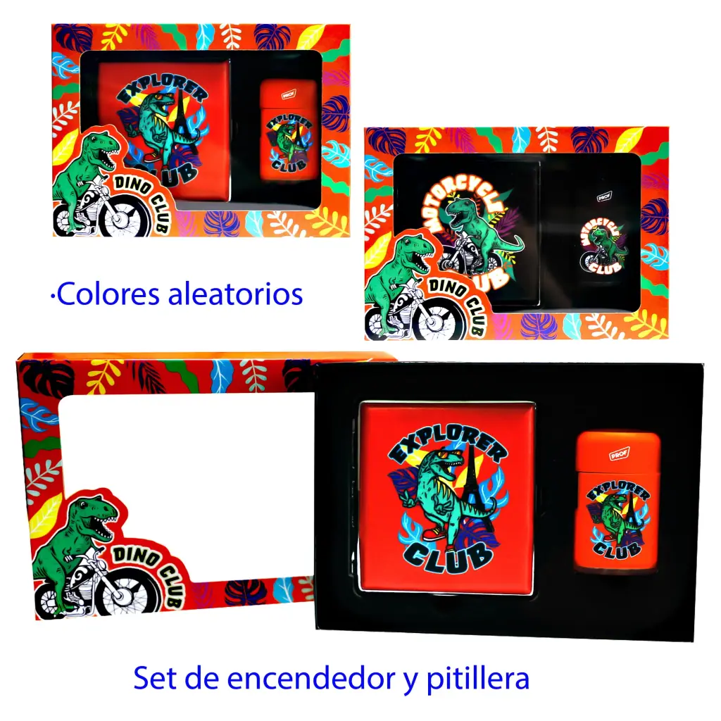 Modelos del set Dino de encendedor y pitillera, en rojo y negro, con dibujos de dinosaurios y cajas de estampado tropical.