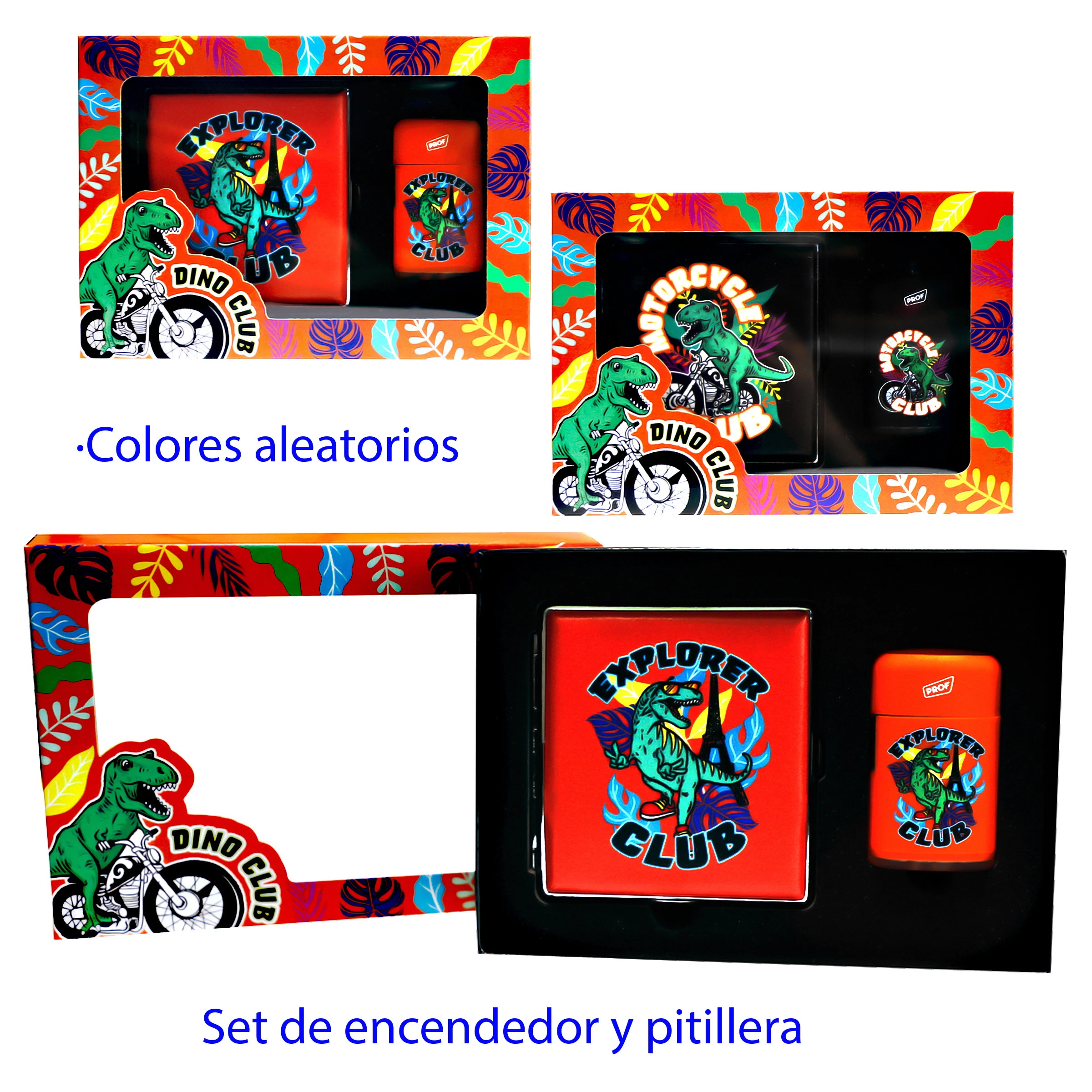 Modelos del set Dino de encendedor y pitillera, en rojo y negro, con dibujos de dinosaurios y cajas de estampado tropical.