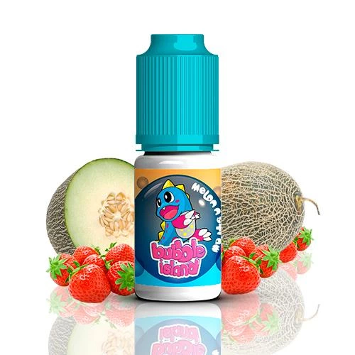 Frasco de Bubble Island Melon N Straw con tapón turquesa y etiqueta de dinosaurio, rodeado de melón y fresas sobre fondo blanco.