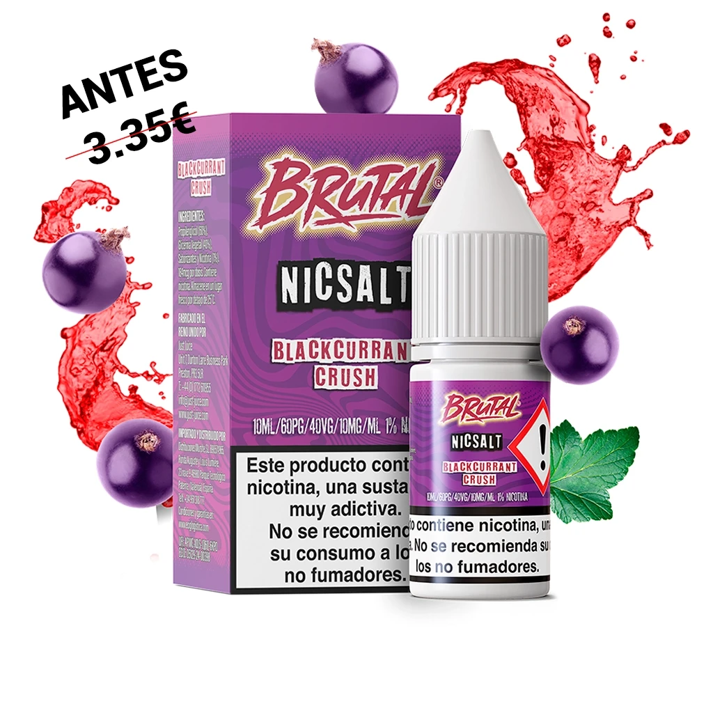 Frasco y caja morados de Brutal Nicsalt Blackcurrant Crush, con advertencias de nicotina, grosellas negras y salpicaduras rojas.