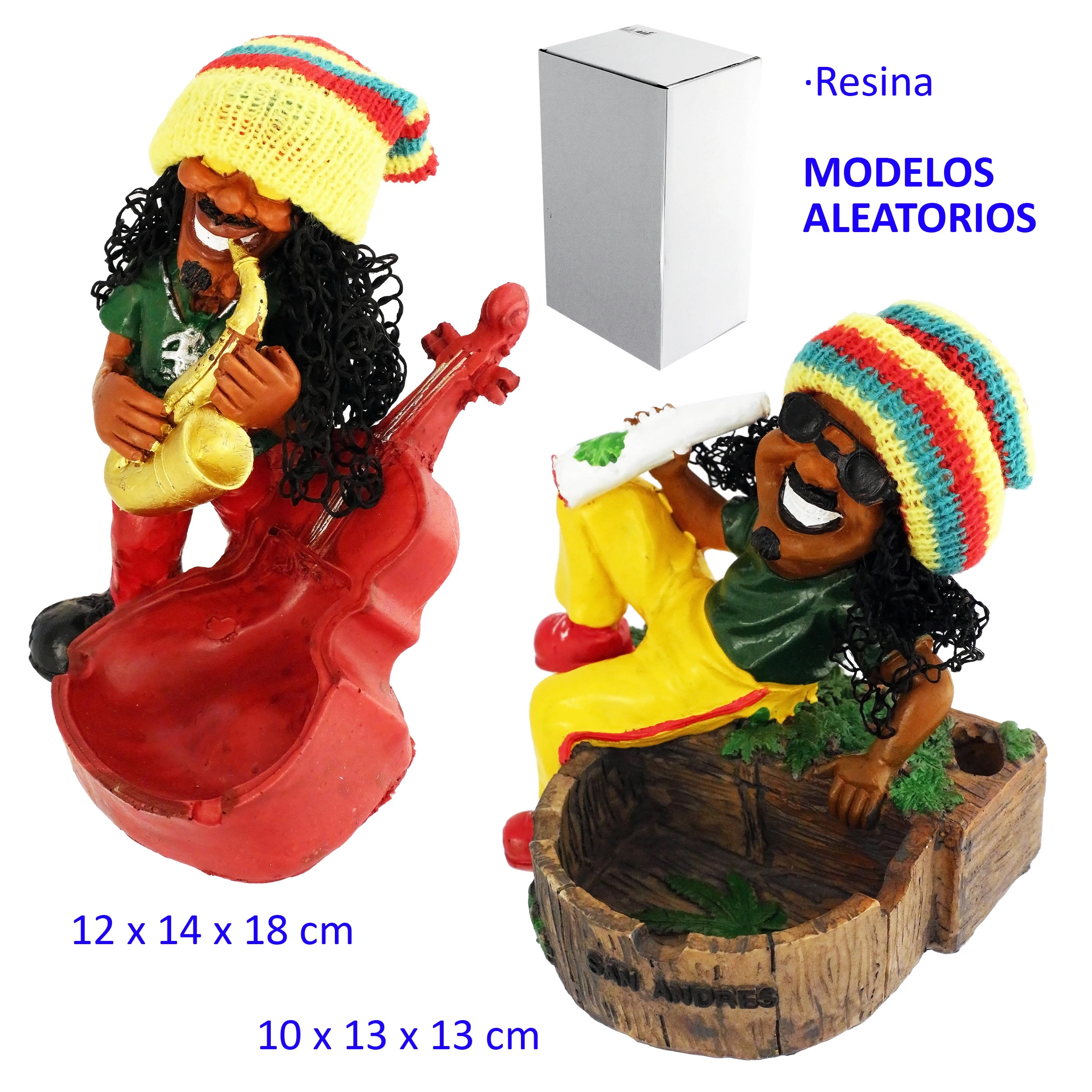 Modelos de cenicero con figuras de músicos de gorros multicolores: uno con saxofón y base roja, otro recostado sobre una base de tronco.