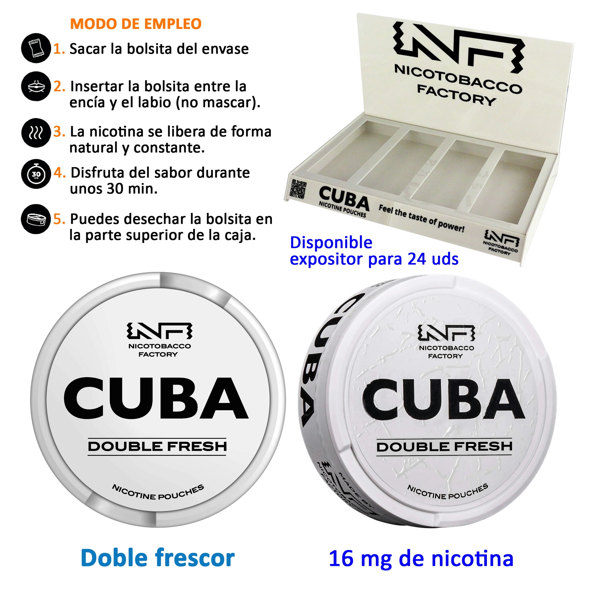 Envase blanco de bolsitas de nicotina Cuba Double Fresh visto de frente y en ángulo, con expositor e instrucciones de uso.