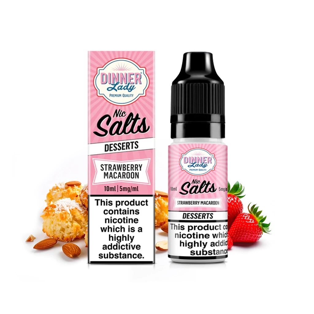 Caja rosa y frasco Dinner Lady Salts Strawberry Macaroon de 10 ml y 5 mg/ml, junto a fresas, almendras y dulces.