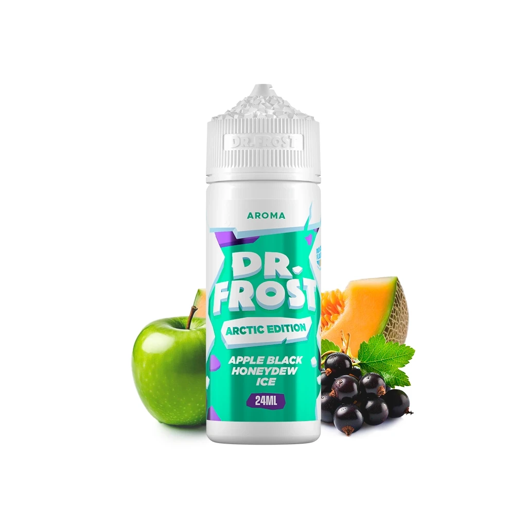 Bote Dr Frost Apple Black Honeydew Ice con etiqueta verde y texto 24 ml, junto a una manzana verde, melón y bayas oscuras.