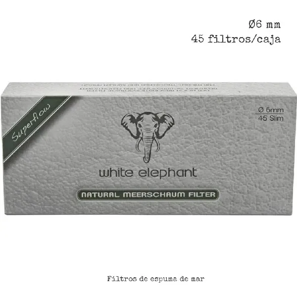 Caja gris de filtros White Elephant de espuma de mar, con logotipo de elefante e indicaciones de 6 mm y 45 filtros.
