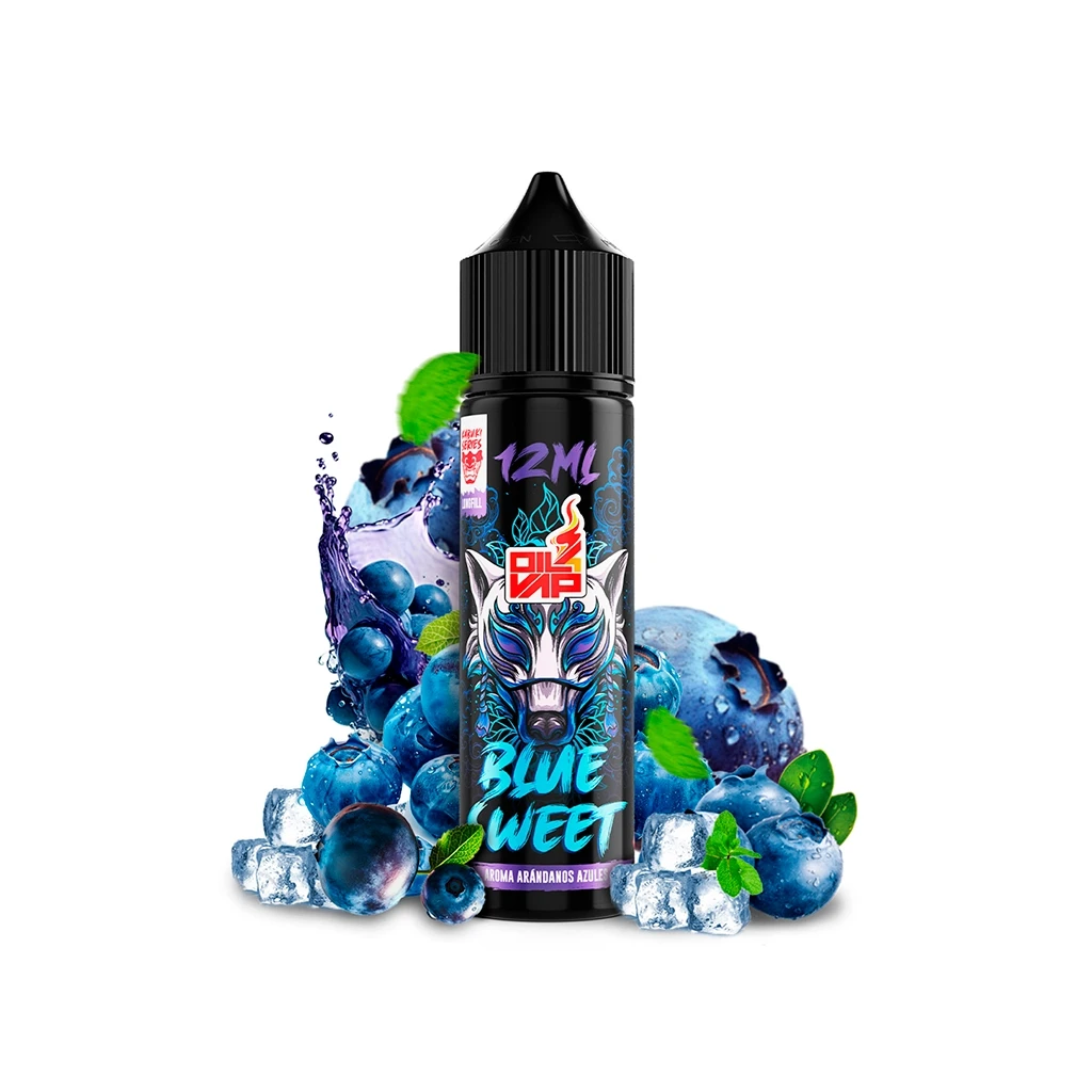 Frasco negro Oil4vap Blue Sweet de 12 ml con máscara ilustrada en la etiqueta, rodeado de arándanos, hojas verdes, hielo y salpicaduras.
