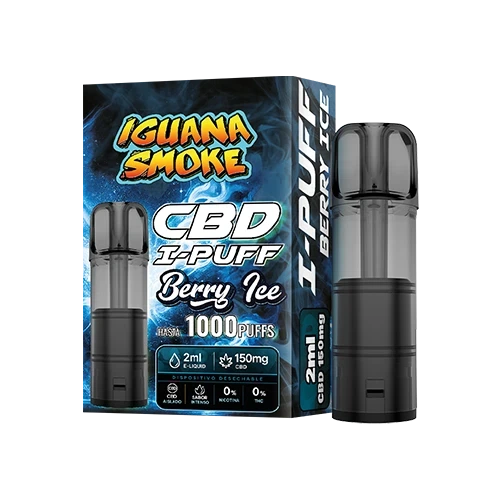 Cartucho I-PUFF Berry Ice de Iguana Smoke, con boquilla oscura y depósito translúcido, junto a su caja azul con texto CBD y 2 ml.