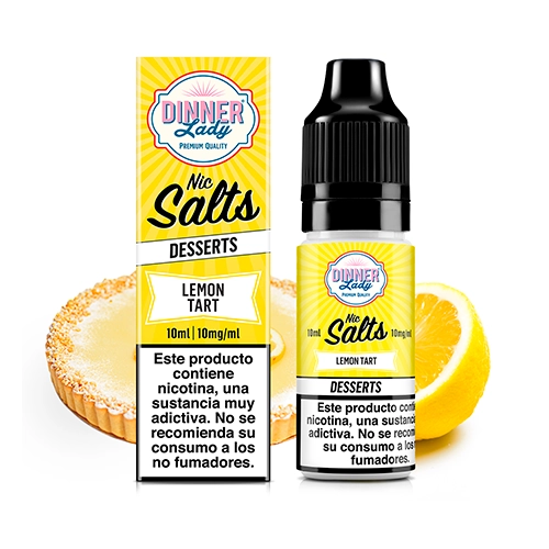 Frasco y caja amarillos de Dinner Lady Salts Lemon Tart, con advertencias sobre nicotina, junto a una tartaleta y medio limón.