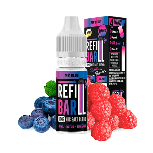 Frasco de Refill Bar Salts Mr Blue con tapón blanco y su caja, acompañado de arándanos, frambuesas y hojas verdes.